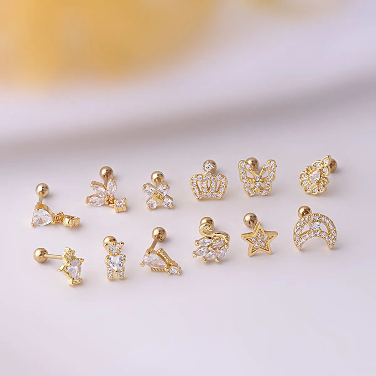 Single Titanium Steel Thin Rod Zircon Butterfly Crown Star Moon Screw Stud Earrings