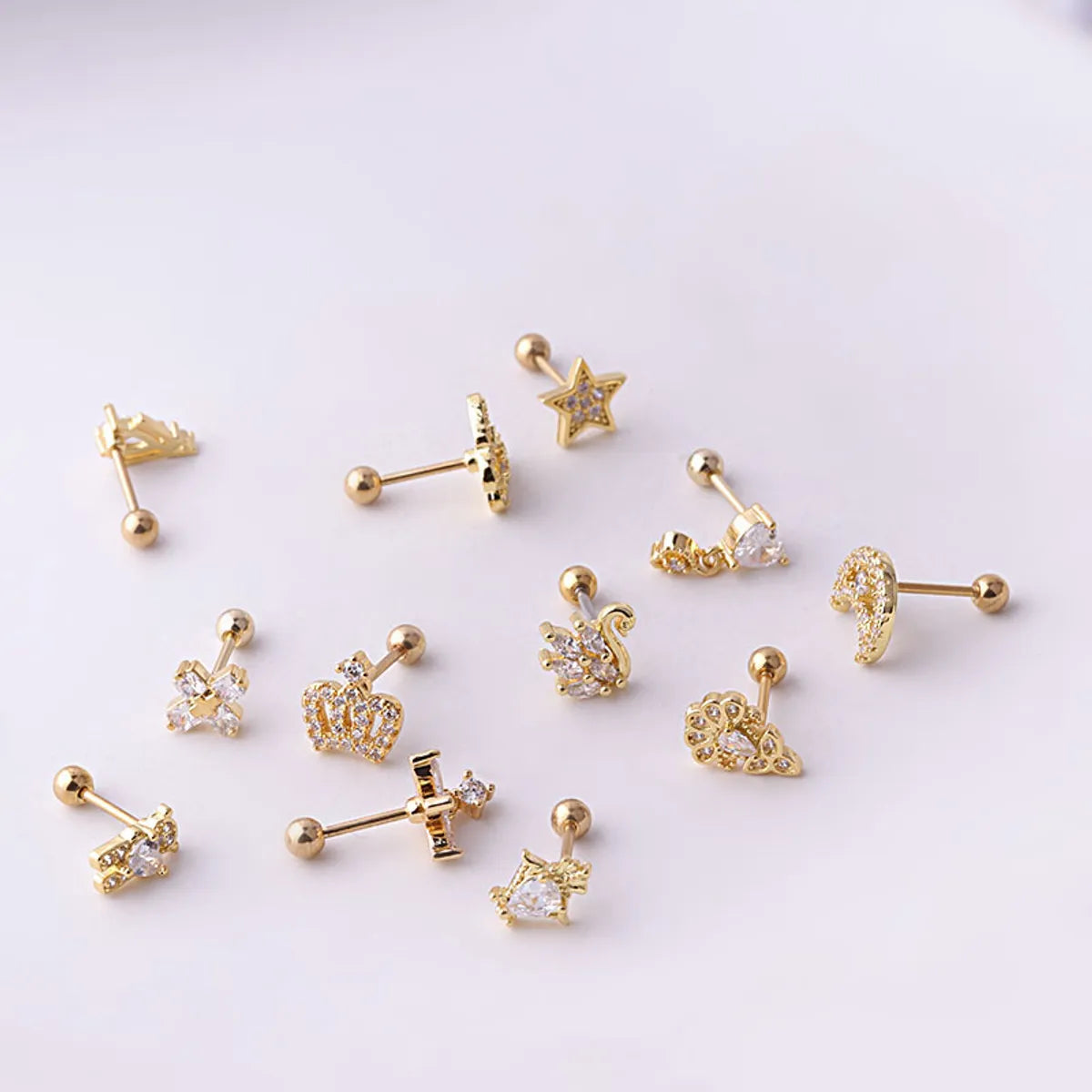 Single Titanium Steel Thin Rod Zircon Butterfly Crown Star Moon Screw Stud Earrings