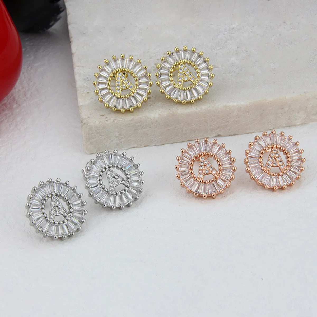 Small 26 Letter Sweet Female Zircon Electroplated Copper Earrings