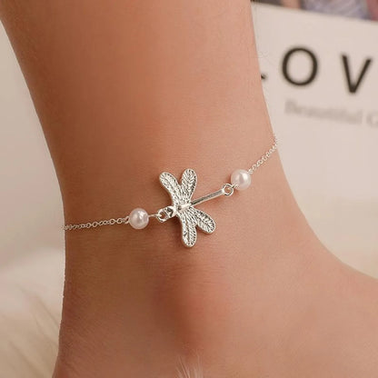 Small Dragonfly Anklet Lady Dragonfly Pearl Pendant Anklet Foot Jewelry Wholesale