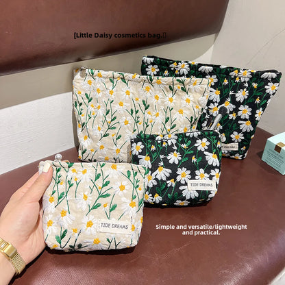 Small Fresh Embroidered Daisy Storage Bag Simple Portable Cosmetic Bag Female Student Artistic Pencil Bag Large Capacity Clutch Bag