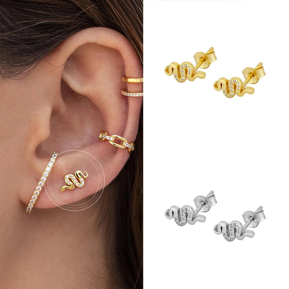 Sterling Silver Needle Europe And America Cross Border Ins Snake-shaped Diamond-embedded Small Animal Mix And Match Simple Stud Earrings Women's Fashion Trend