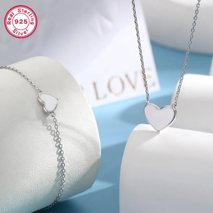 Solid Color Heart Shape Sterling Silver White Gold Plated Women's Bracelets Necklace Jewelry Set