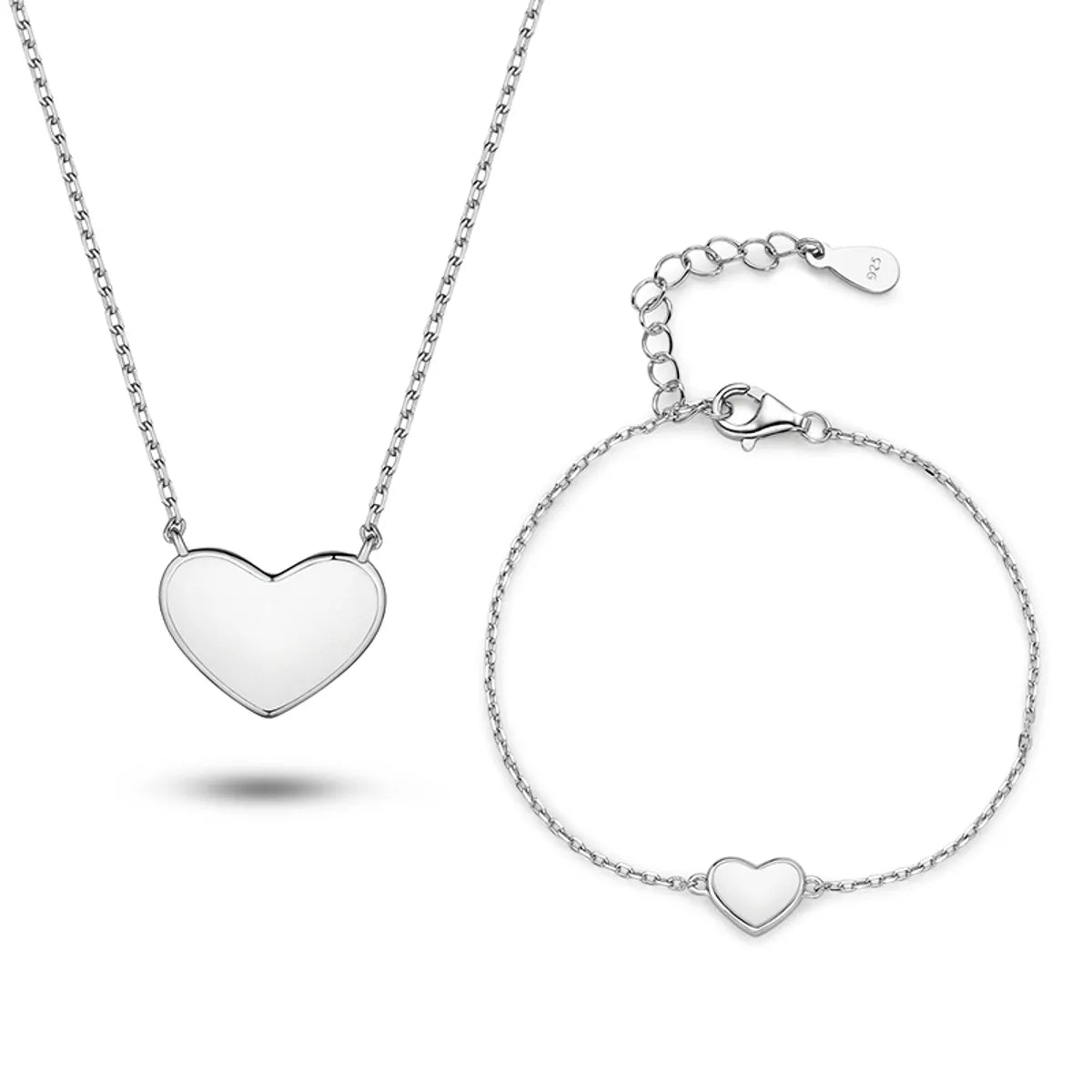 Solid Color Heart Shape Sterling Silver White Gold Plated Women's Bracelets Necklace Jewelry Set