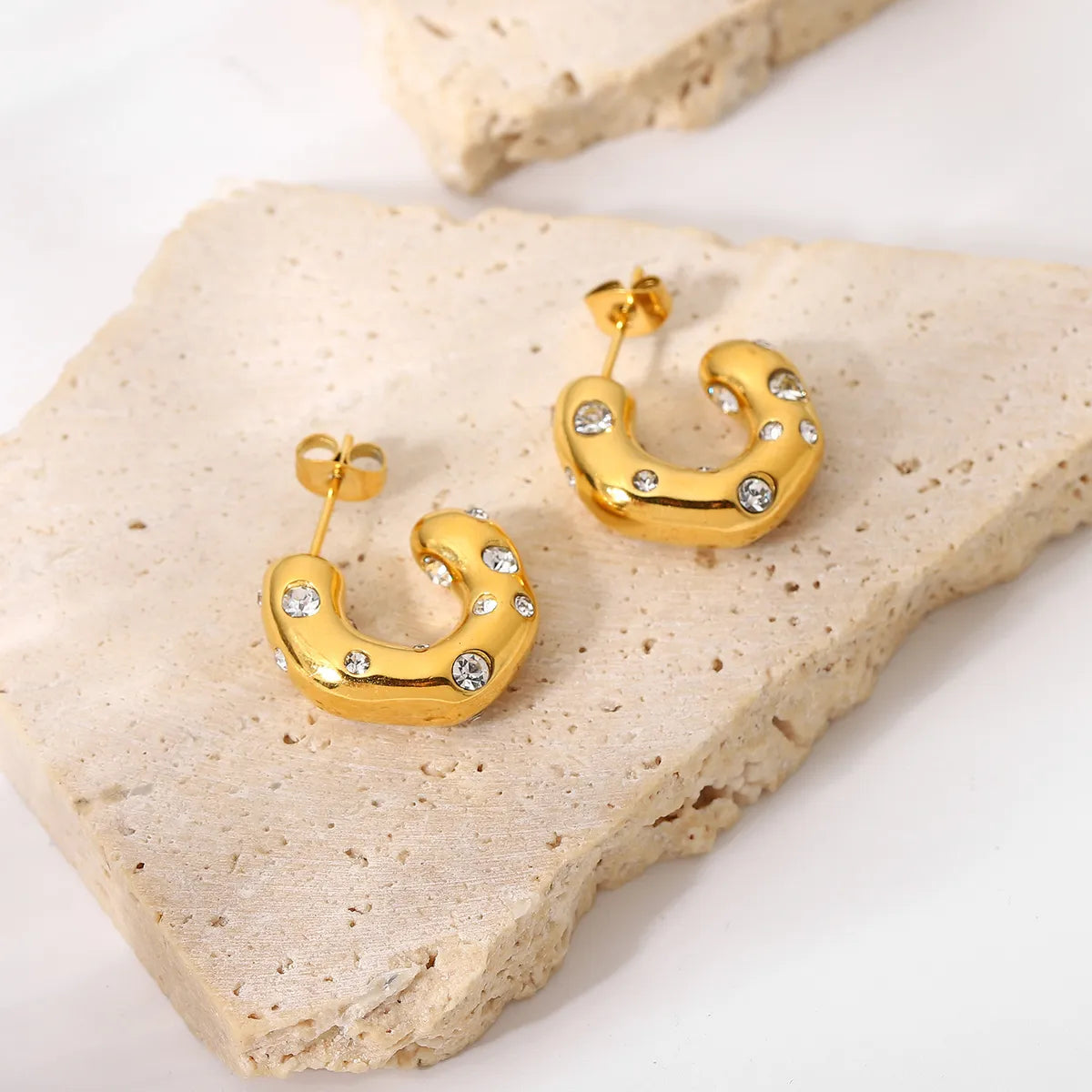 Special-shaped Hammer Pattern Inlaid Zirconium C-shaped Earrings 18k Gold-plated Stainless Steel Earrings