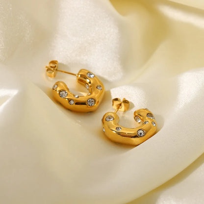 Special-shaped Hammer Pattern Inlaid Zirconium C-shaped Earrings 18k Gold-plated Stainless Steel Earrings