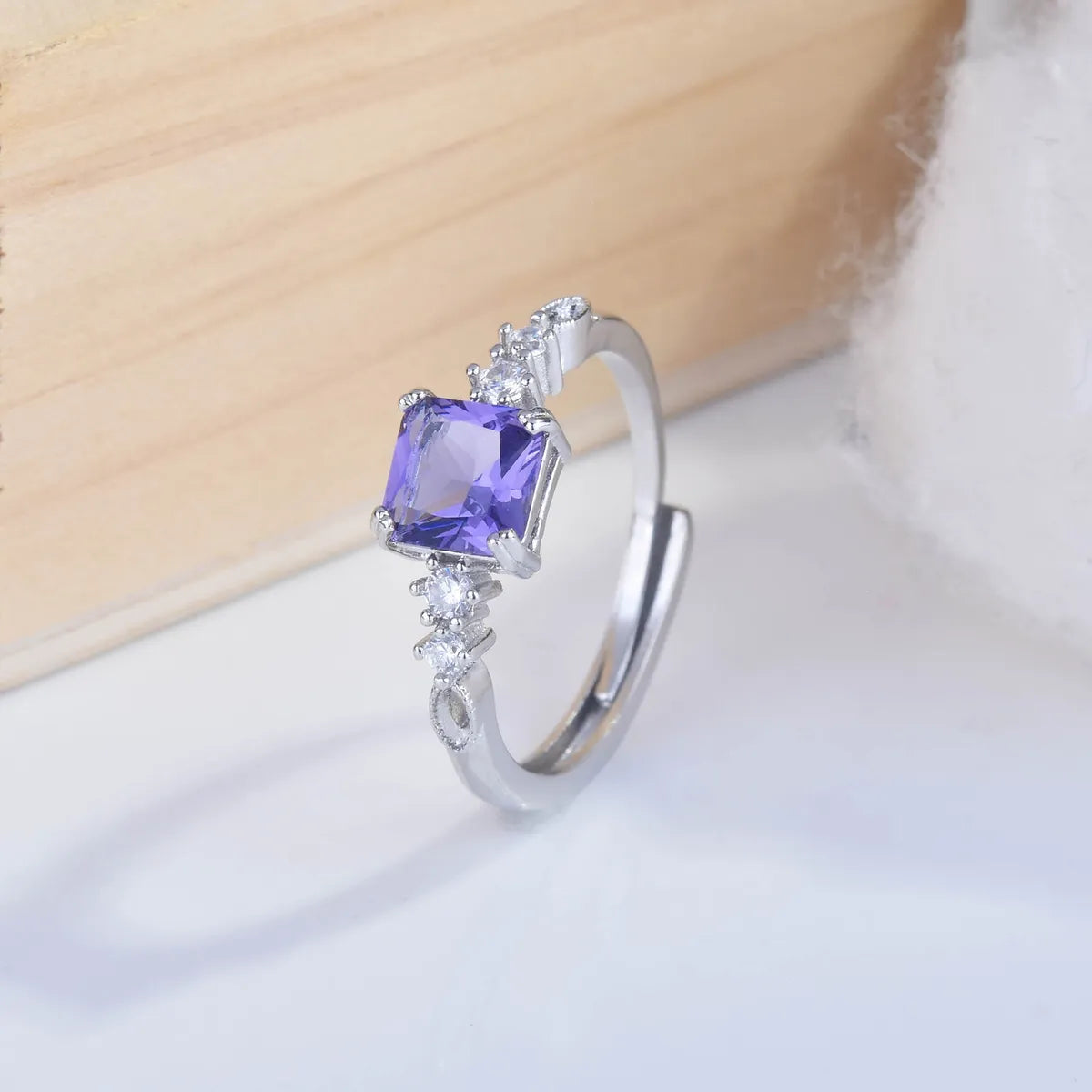 Square Diamond Amethyst Open Ring Small And Versatile Color Treasure Ring