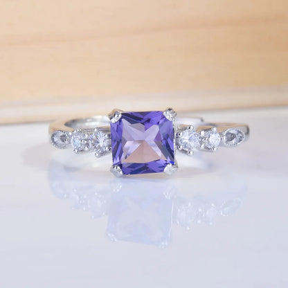 Square Diamond Amethyst Open Ring Small And Versatile Color Treasure Ring