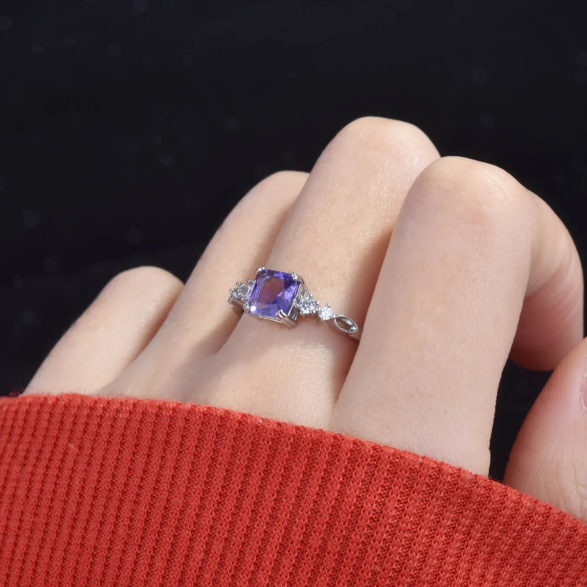 Square Diamond Amethyst Open Ring Small And Versatile Color Treasure Ring