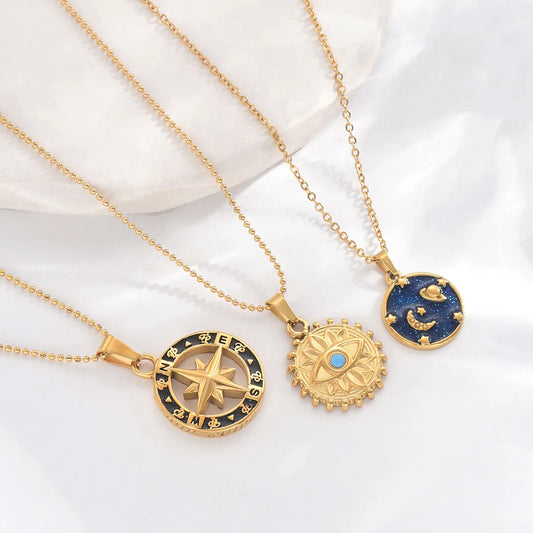 Stainless Steel 14K Gold Plated Classic Style Cool Style Hexagram Universe Eye Enamel Inlay Turquoise Pendant Necklace