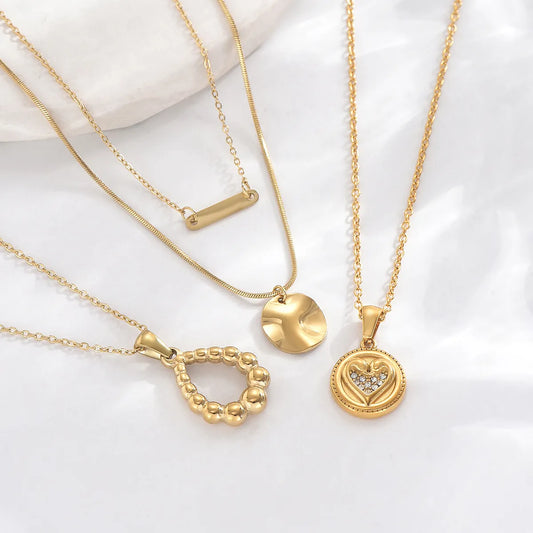 Stainless Steel 14K Gold Plated Elegant Romantic Classic Style Round Water Droplets Heart Shape Hollow Out Inlay Zircon Double Layer Necklaces Pendant Necklace