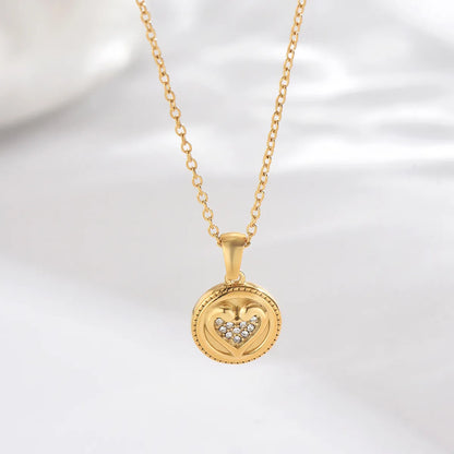 Stainless Steel 14K Gold Plated Elegant Romantic Classic Style Round Water Droplets Heart Shape Hollow Out Inlay Zircon Double Layer Necklaces Pendant Necklace