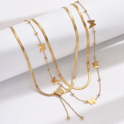 Stainless Steel 14K Gold Plated IG Style Elegant Korean Style Butterfly Polishing Double Layer Necklaces Necklace