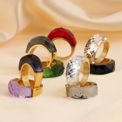 Stainless Steel 18K Gold Plated Basic Color Block Plating Inlay Glass Stone Rings