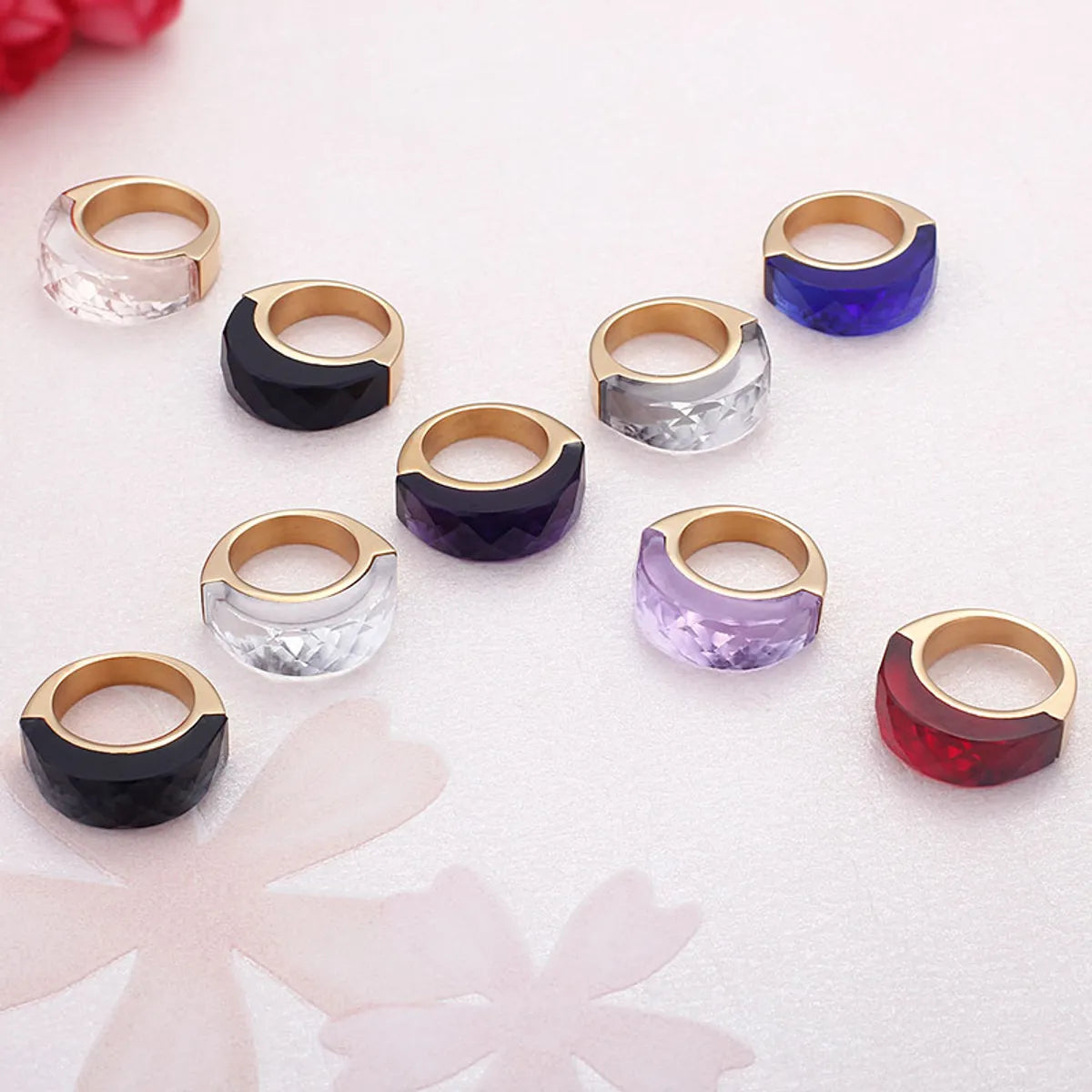 Stainless Steel 18K Gold Plated Basic Color Block Plating Inlay Glass Stone Rings