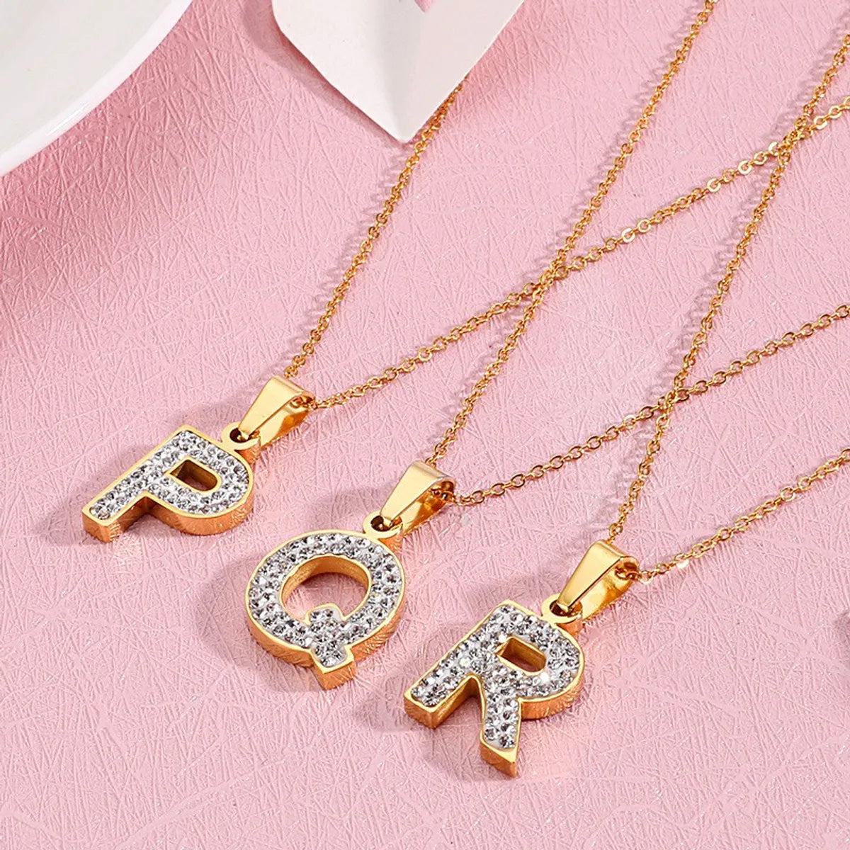 Stainless Steel 18K Gold Plated Basic Letter Inlay Rhinestones Pendant Necklace