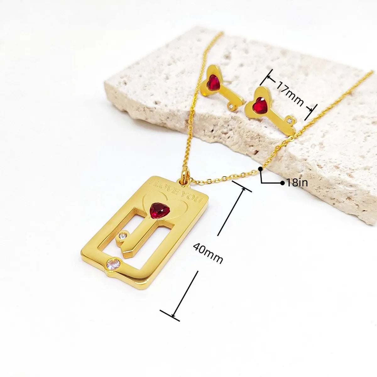 Stainless Steel 18K Gold Plated Casual Romantic Heart Shape Key Inlay Zircon Earrings Necklace