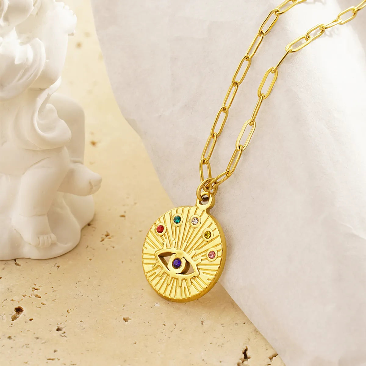 Stainless Steel 18K Gold Plated Casual Simple Style Devil's Eye Hollow Out Inlay Rhinestones Pendant Necklace