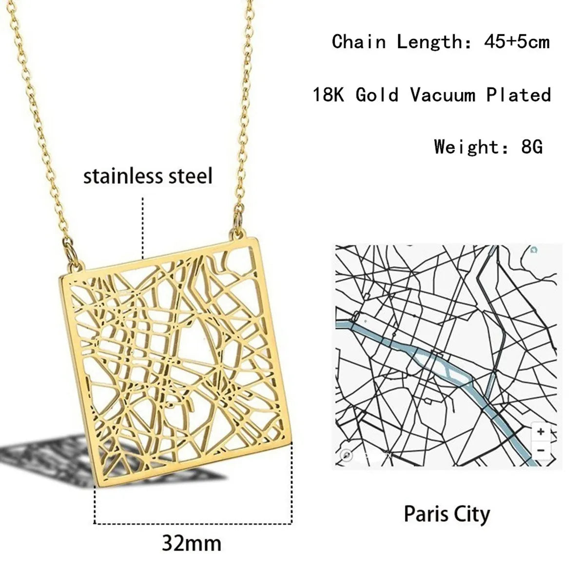 Stainless Steel 18K Gold Plated Casual Simple Style Map Pendant Necklace