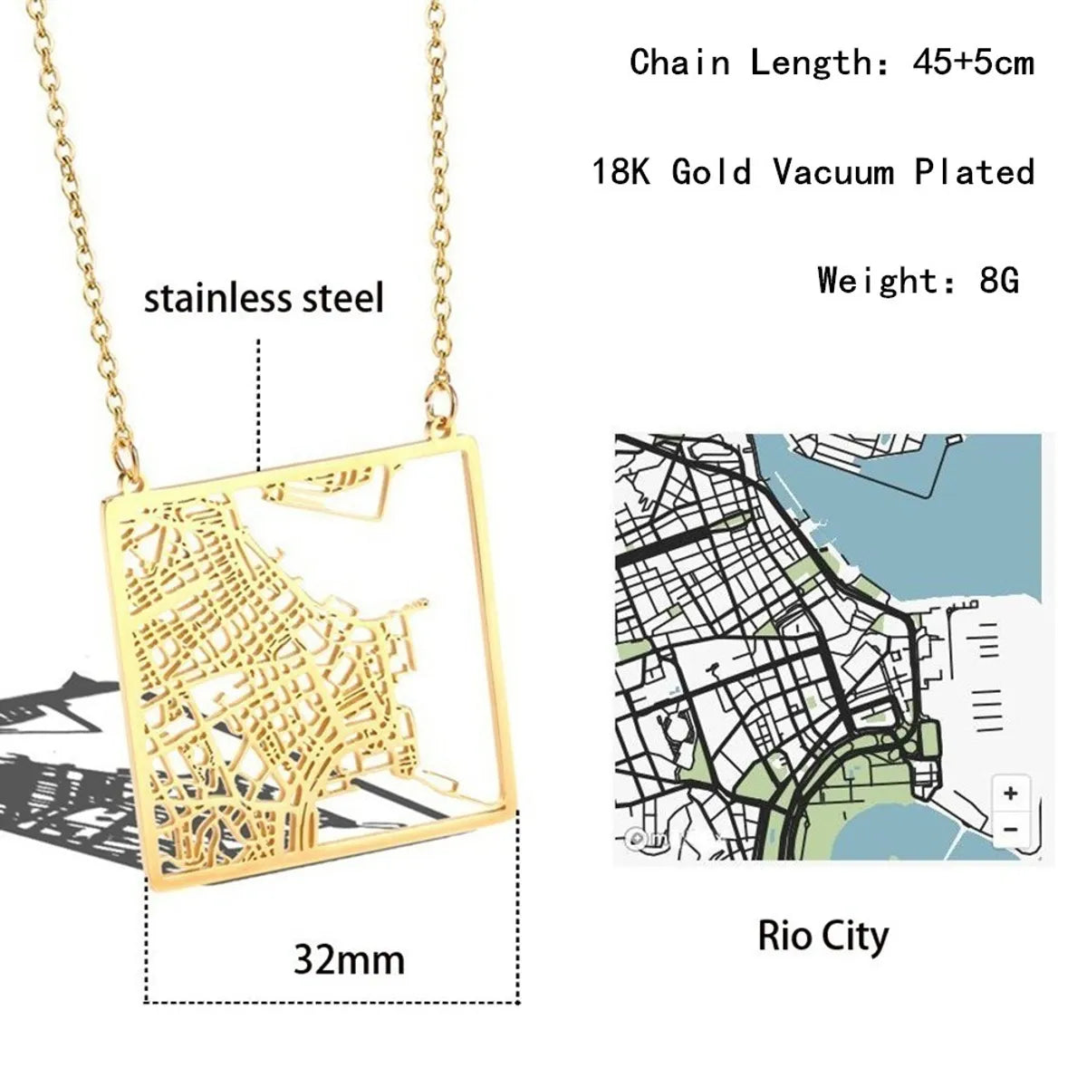 Stainless Steel 18K Gold Plated Casual Simple Style Map Pendant Necklace