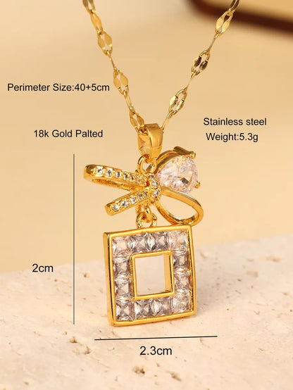 Stainless Steel 18K Gold Plated Elegant Bow Knot Rectangle Hollow Out Inlay Zircon Pendant Necklace