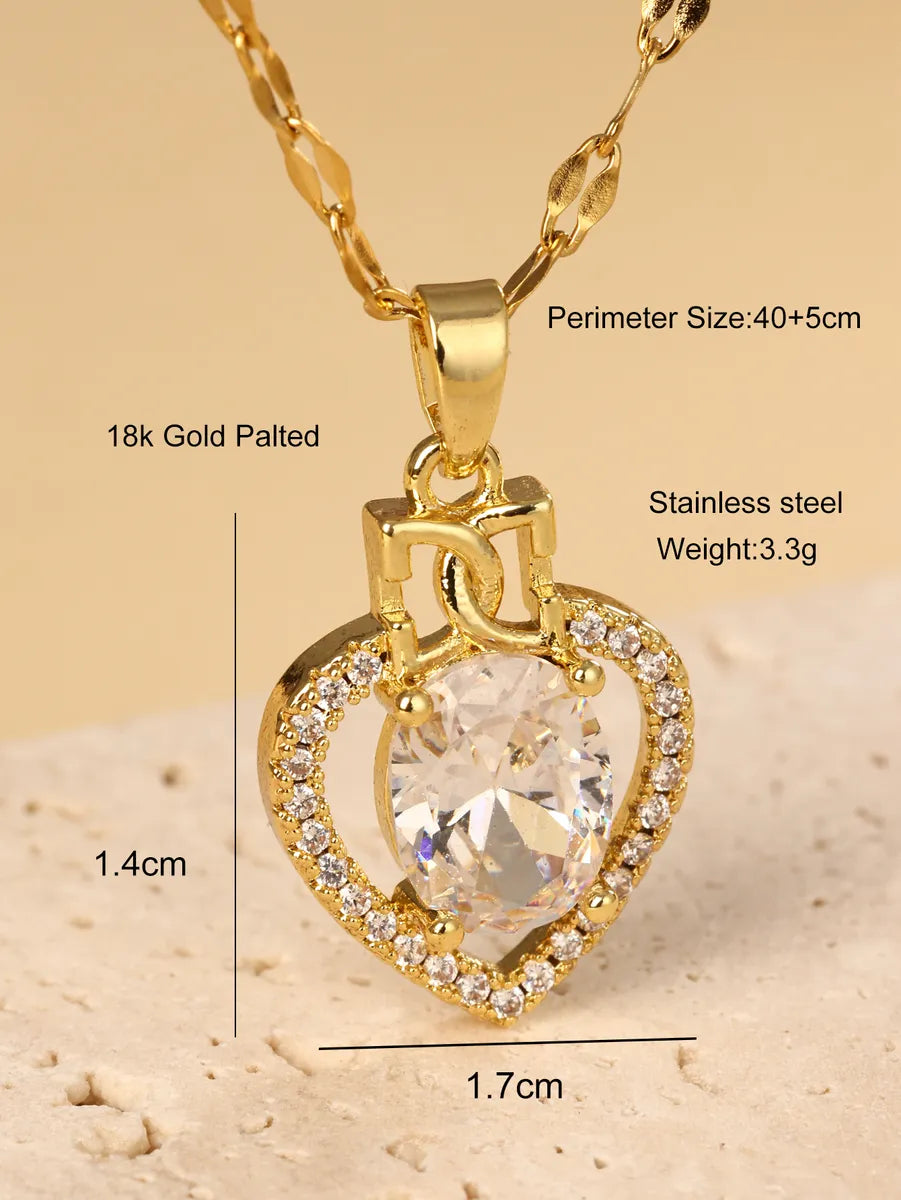 Stainless Steel 18K Gold Plated Elegant Glam Luxurious Oval Heart Shape Hollow Out Inlay Zircon Pendant Necklace