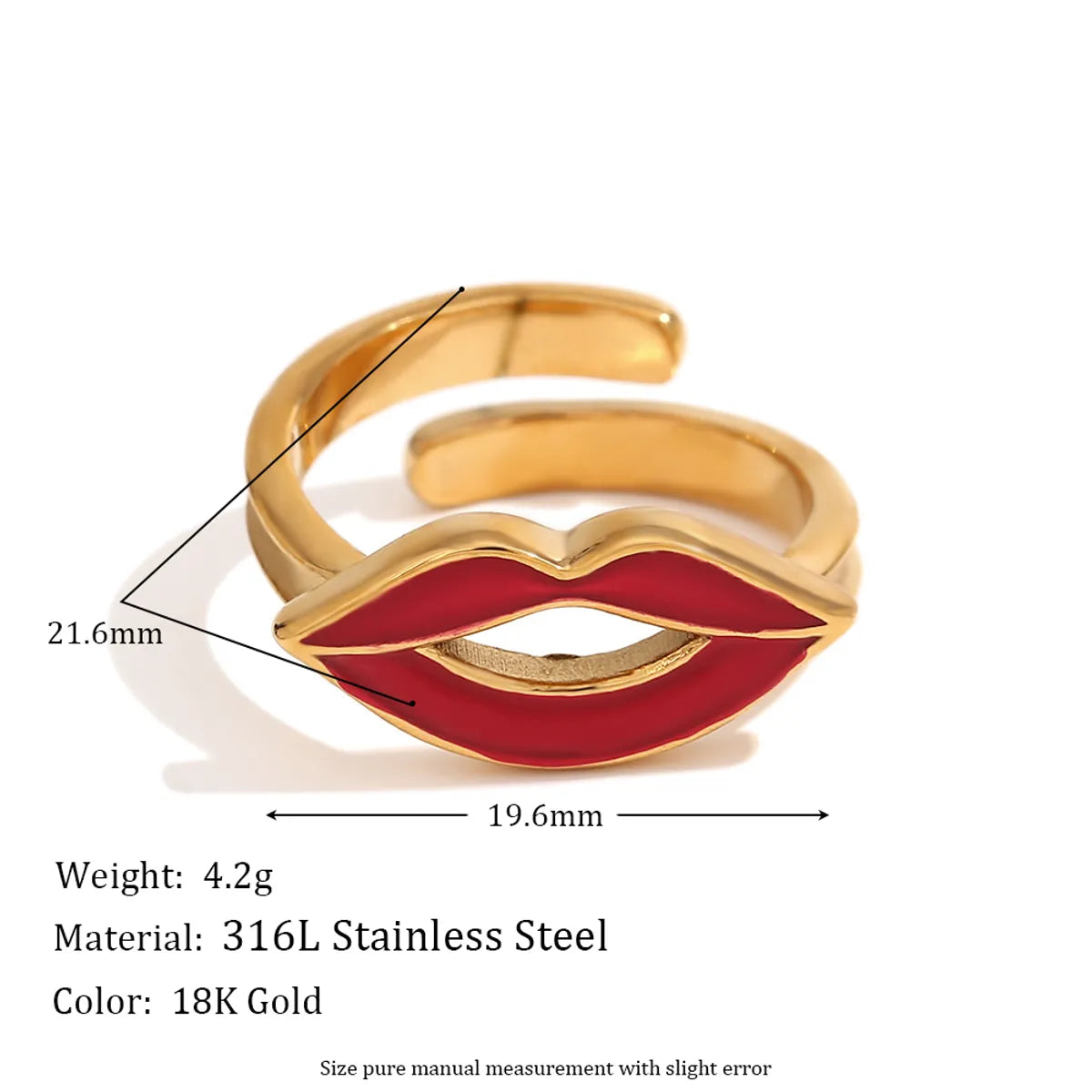 Stainless Steel 18K Gold Plated Elegant Retro Lips Enamel Open Rings