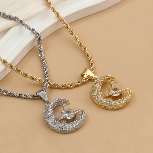 Stainless Steel 18K Gold Plated Elegant Simple Style Commute Star Moon Polishing Inlay Zircon Pendant Necklace