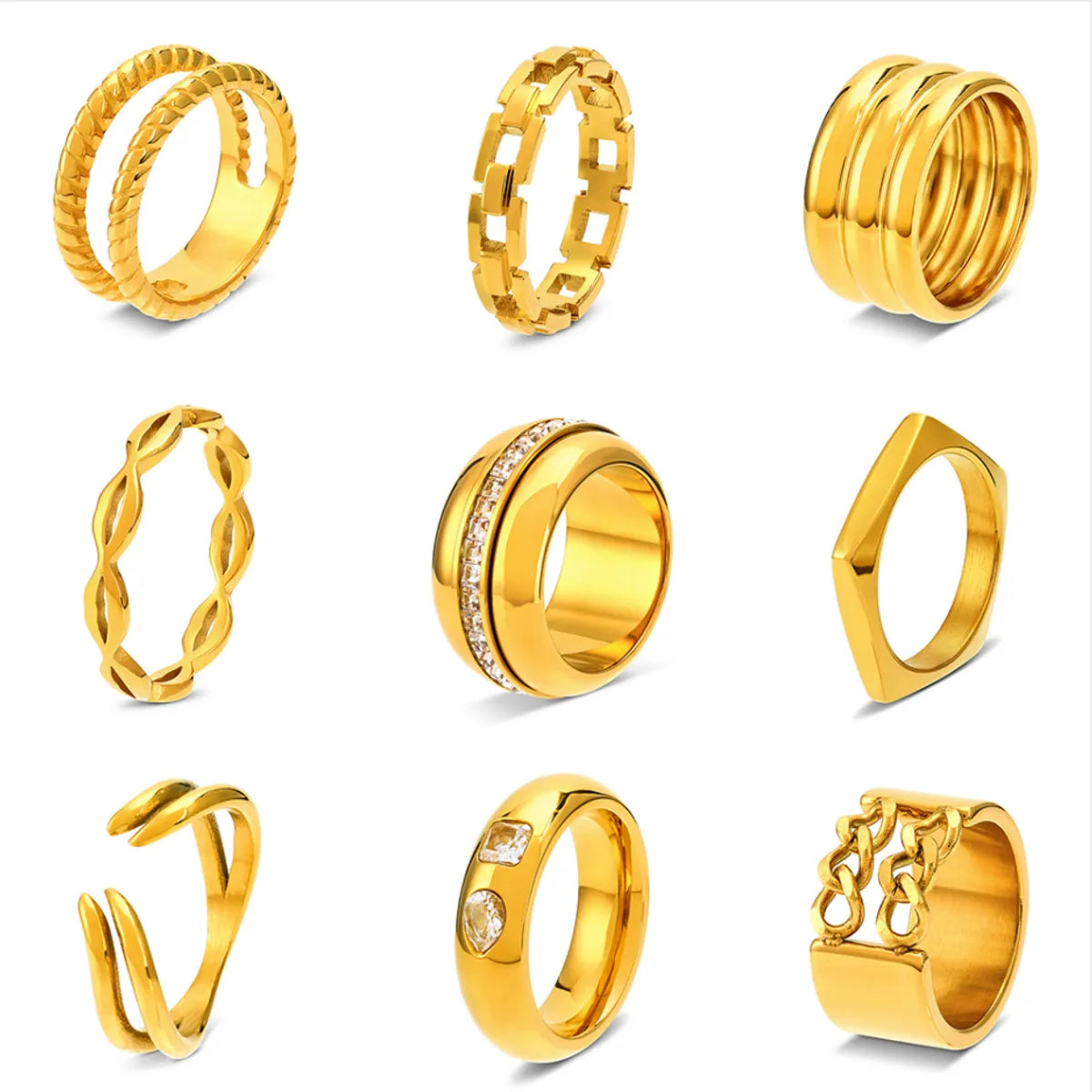 304 Stainless Steel 18K Gold Plated Elegant Simple Style Geometric Zircon Rings