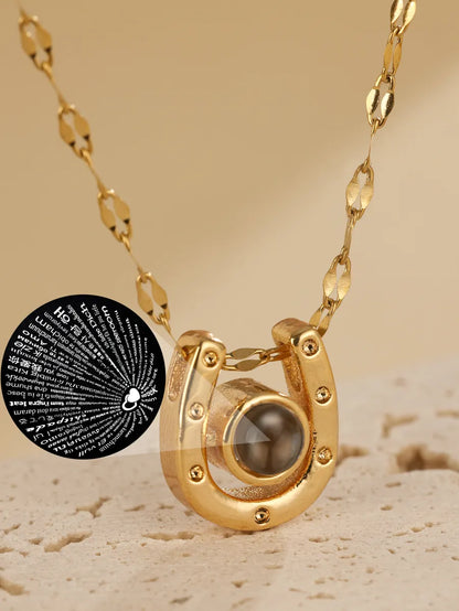 Stainless Steel 18K Gold Plated Elegant U Shape Hollow Out Glass Pendant Necklace