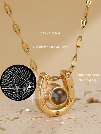 Stainless Steel 18K Gold Plated Elegant U Shape Hollow Out Glass Pendant Necklace