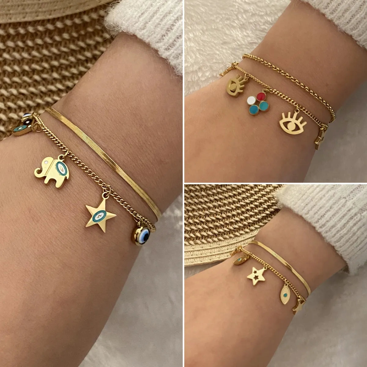 Stainless Steel 18K Gold Plated IG Style Cute Devil's Eye Star Elephant Enamel Hollow Out Bracelets