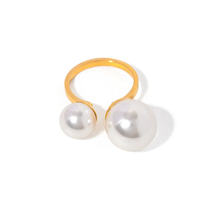 Stainless Steel 18K Gold Plated IG Style Round Inlay Pearl Open Rings