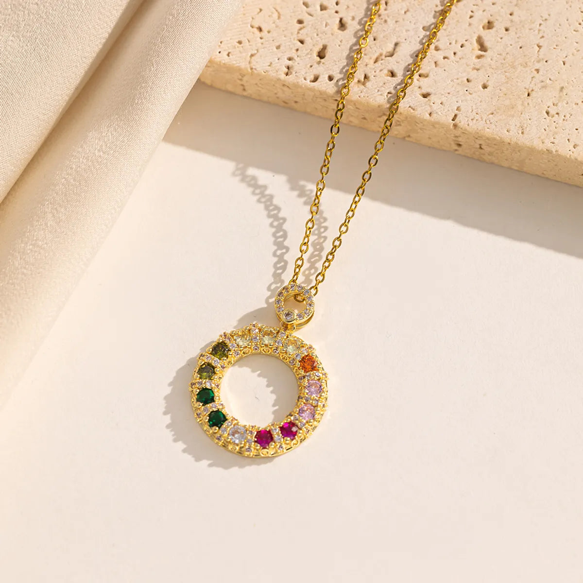 Stainless Steel 18K Gold Plated IG Style Simple Style Circle Inlay Zircon Pendant Necklace