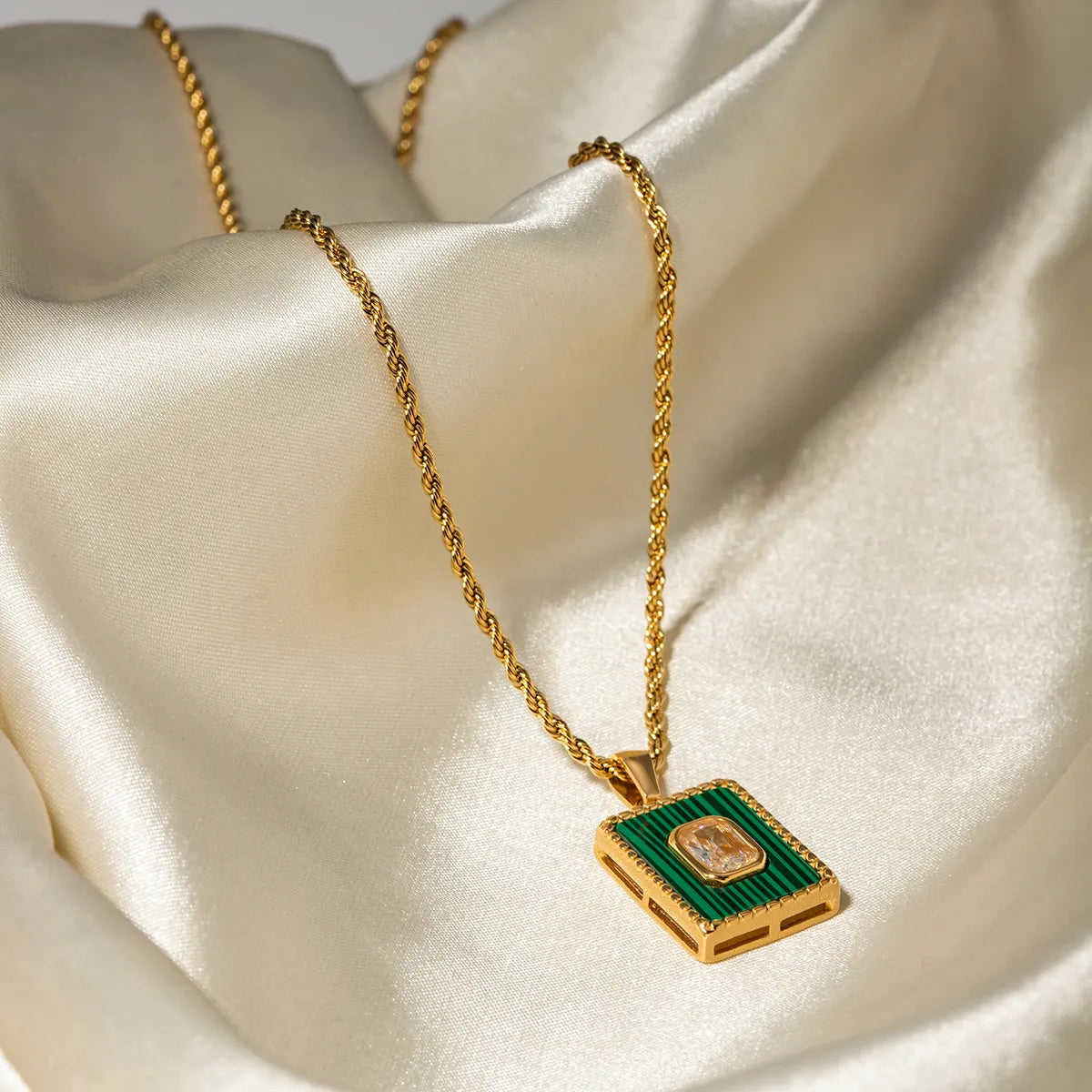 Stainless Steel 18K Gold Plated IG Style Square Inlay Malachite Zircon Pendant Necklace