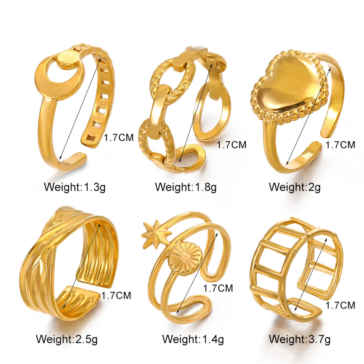 Stainless Steel 18K Gold Plated IG Style Star Heart Shape Solid Color Plating Open Rings