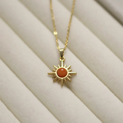 Stainless Steel 18K Gold Plated Retro Four Leaf Clover Sun Moon Inlay Natural Stone Zircon Pendant Necklace