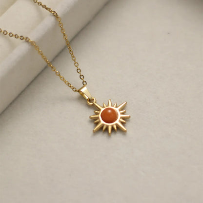 Stainless Steel 18K Gold Plated Retro Four Leaf Clover Sun Moon Inlay Natural Stone Zircon Pendant Necklace