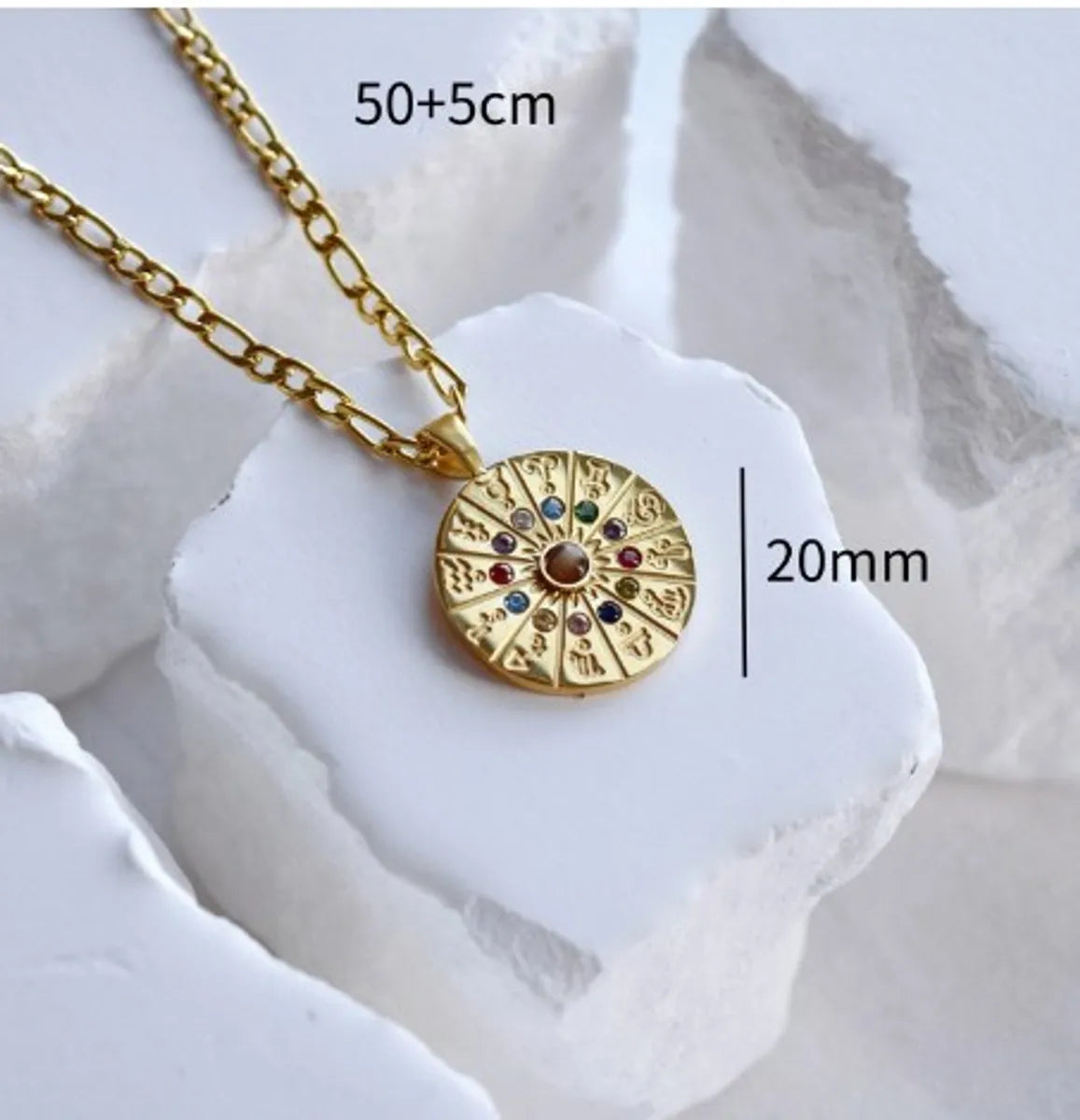 Stainless Steel 18K Gold Plated Retro Round Constellation Inlay Zircon Pendant Necklace