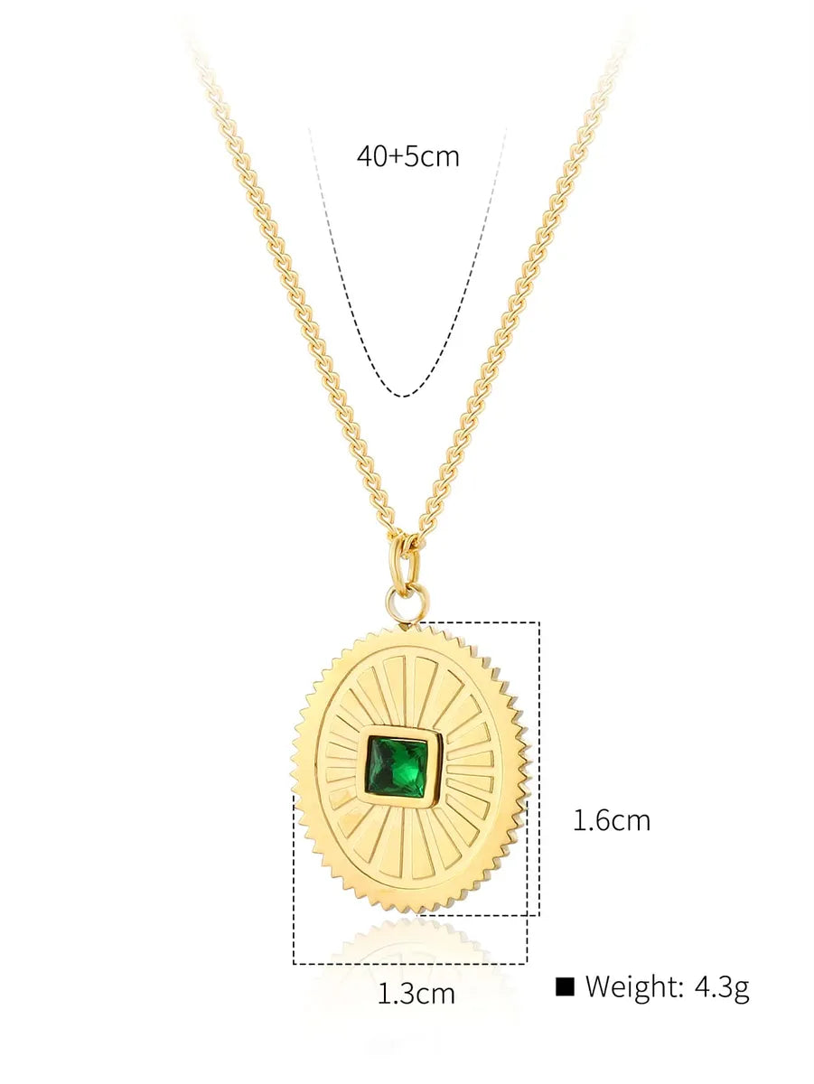 Stainless Steel 18K Gold Plated Retro Sun Oval Inlay Natural Stone Zircon Pendant Necklace