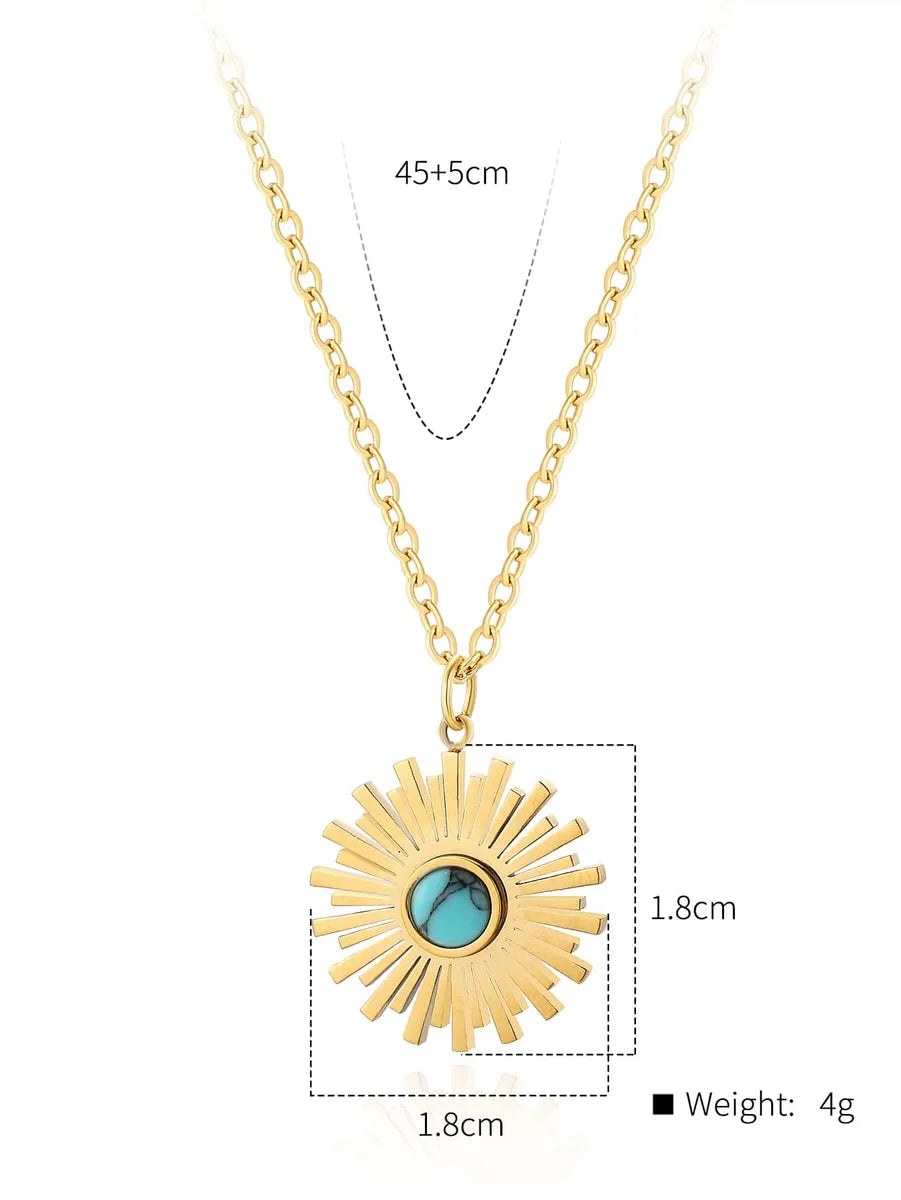 Stainless Steel 18K Gold Plated Retro Sun Oval Inlay Natural Stone Zircon Pendant Necklace