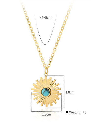 Stainless Steel 18K Gold Plated Retro Sun Oval Inlay Natural Stone Zircon Pendant Necklace