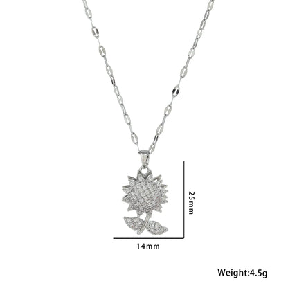 Stainless Steel 18K Gold Plated Shiny Sunflower Inlay Zircon Pendant Necklace