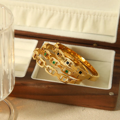 Stainless Steel 18K Gold Plated Simple Style Commute Geometric Polishing Inlay Glass Bangle