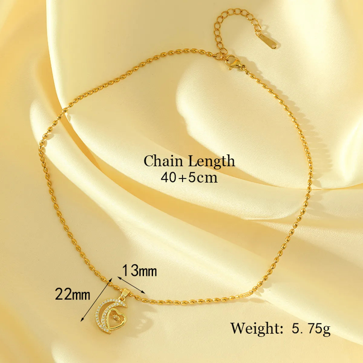 Stainless Steel Brass 18K Gold Plated Simple Style Moon Heart Shape Inlay Zircon Pendant Necklace