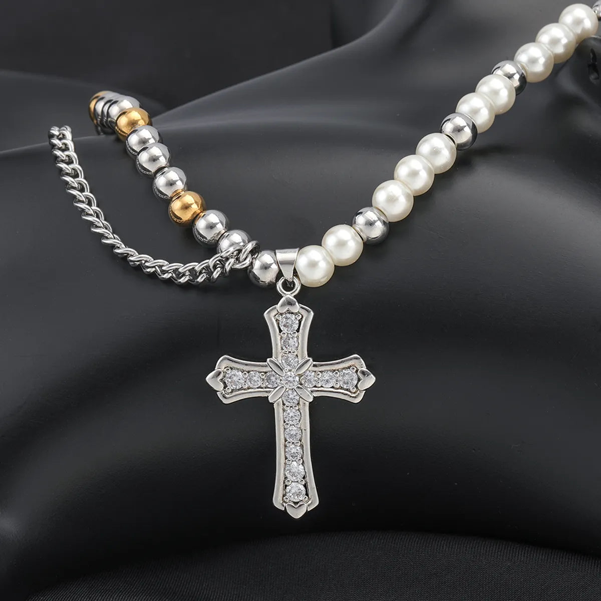 Stainless Steel Casual Hip-Hop Cross Beaded Pearl Inlay Zircon Pendant Necklace