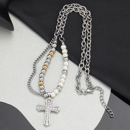 Stainless Steel Casual Hip-Hop Cross Beaded Pearl Inlay Zircon Pendant Necklace