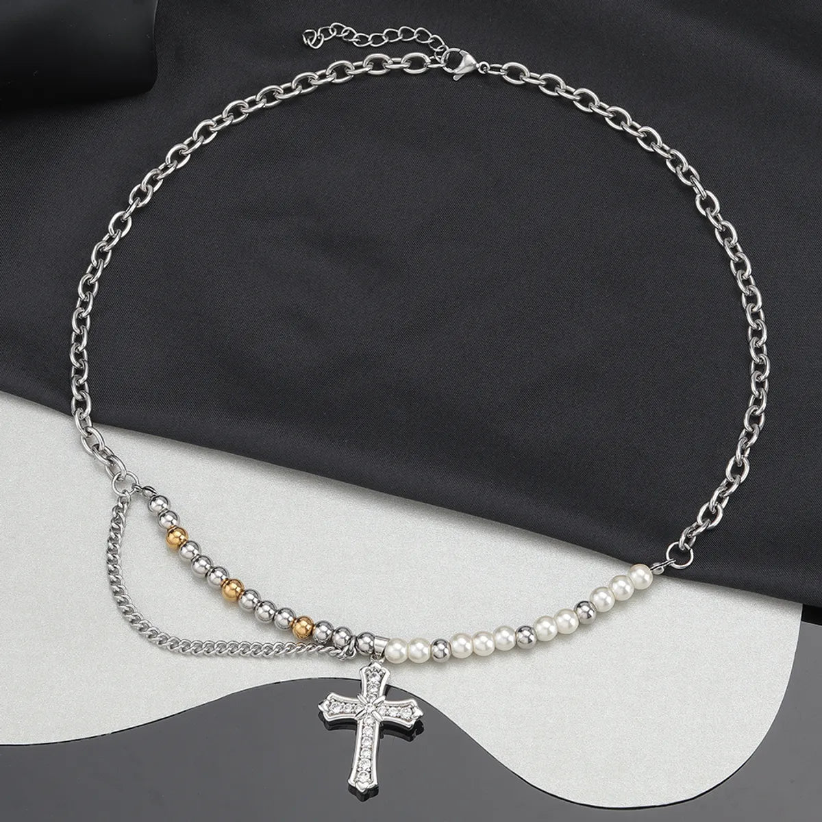 Stainless Steel Casual Hip-Hop Cross Beaded Pearl Inlay Zircon Pendant Necklace