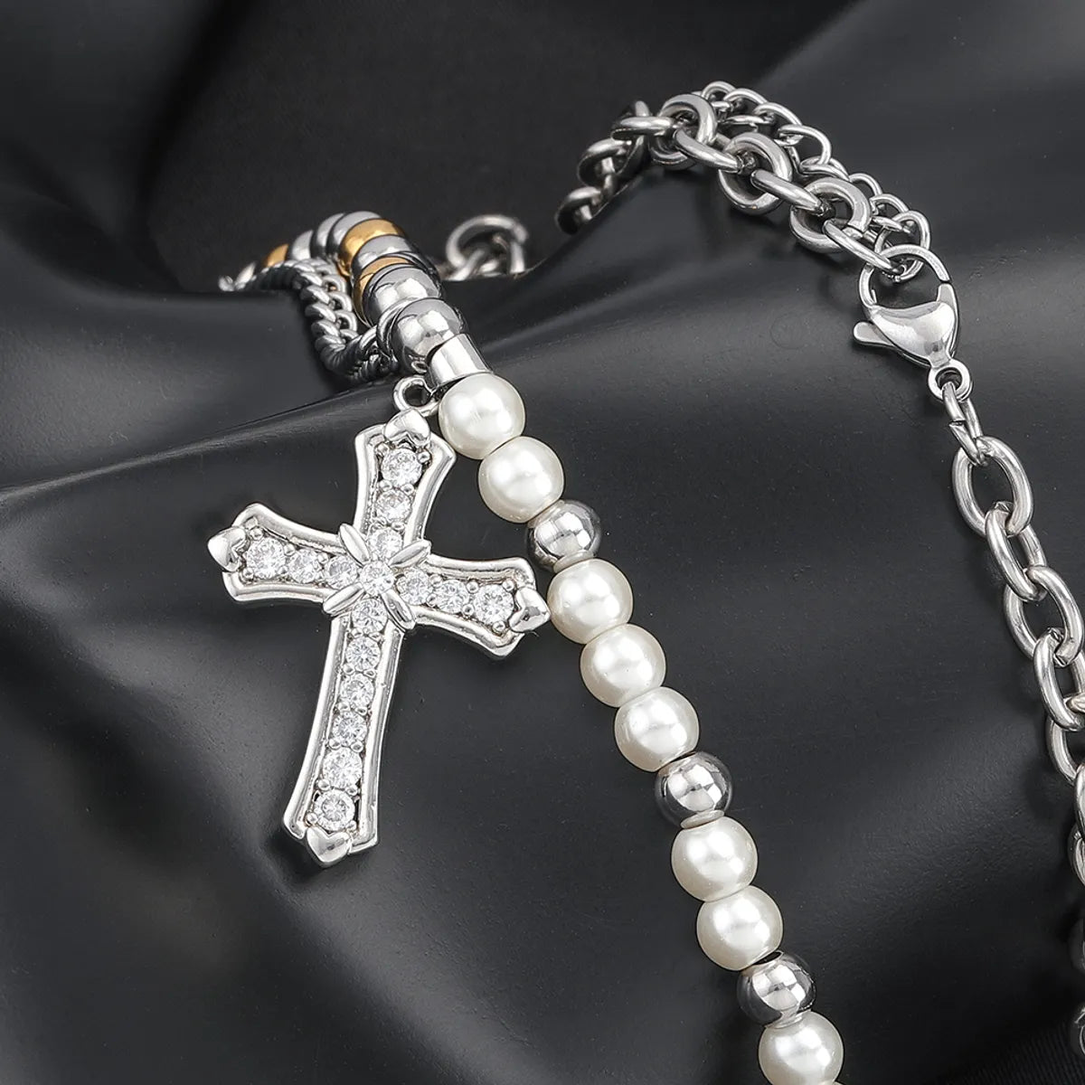 Stainless Steel Casual Hip-Hop Cross Beaded Pearl Inlay Zircon Pendant Necklace