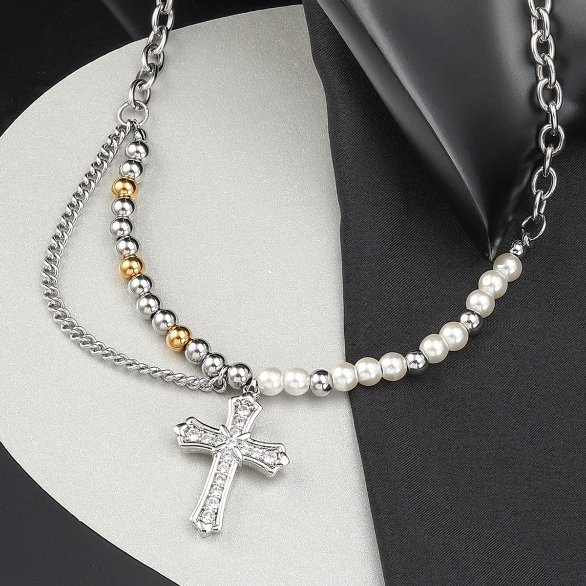 Stainless Steel Casual Hip-Hop Cross Beaded Pearl Inlay Zircon Pendant Necklace